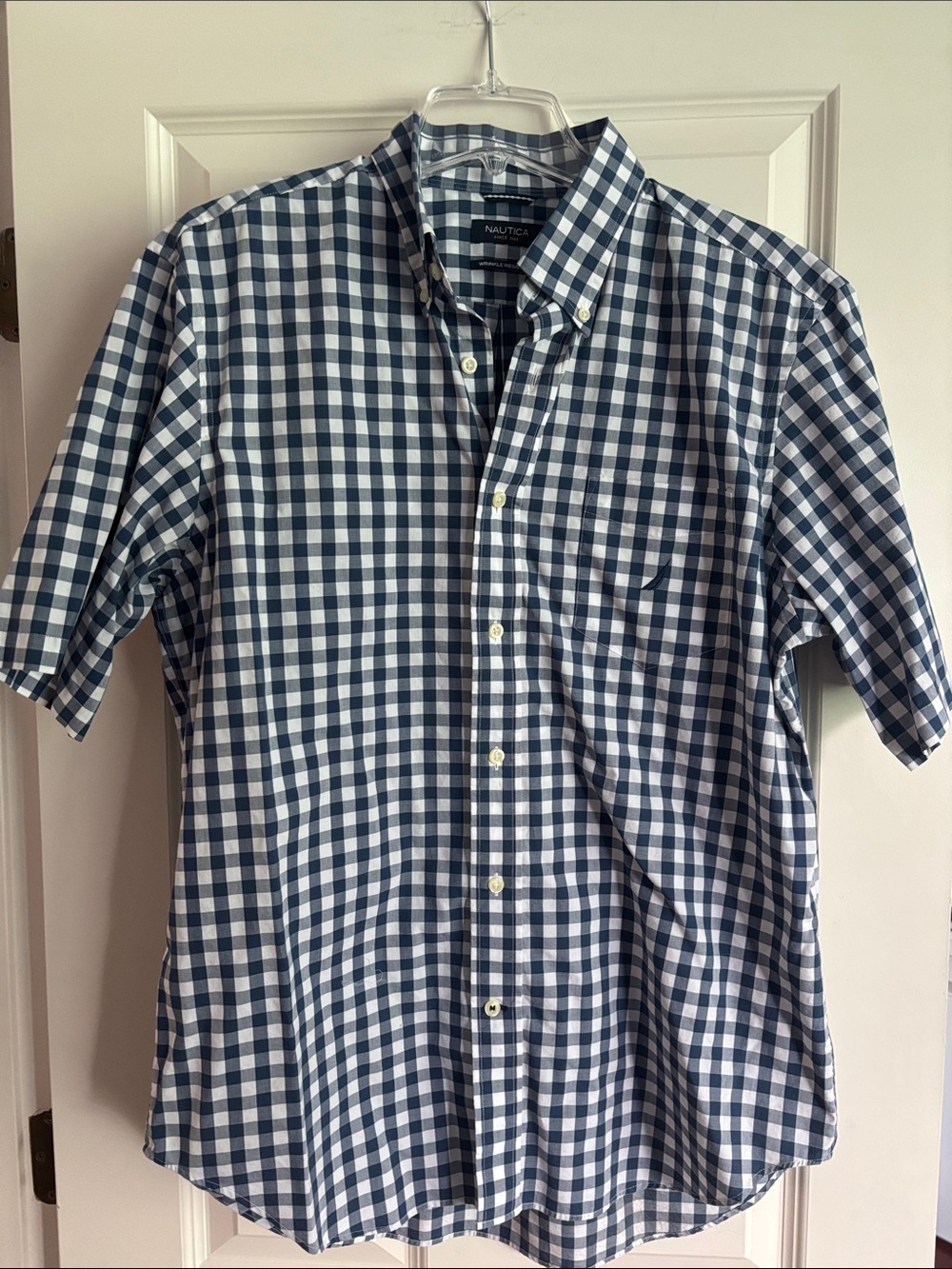 Nautica Men’s Navy and White Gingham Short-Sleeve Button-Down Shirt
